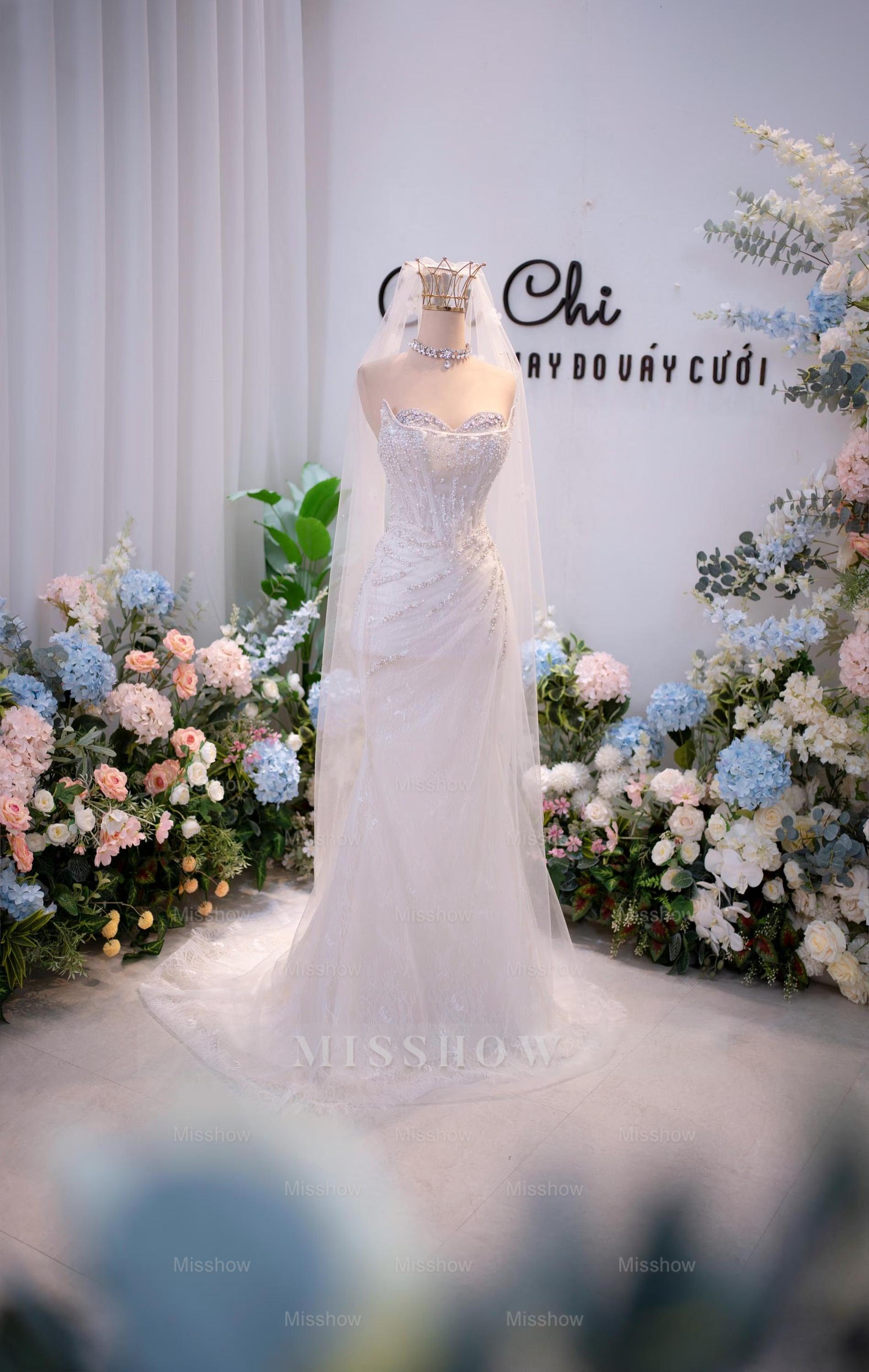 Chic Long White Strapless Mermaid Beaded Sleeveless Wedding Dress