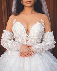 Chic Long White V-neck A-line Appliques Wedding Dress With Sleeves And Train