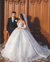 Chic Long White V-neck A-line Appliques Wedding Dress With Sleeves And Train