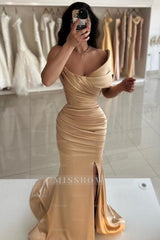 Chic Mermaid Gold Strapless One-Shoulder Sleeveless Front Split Long Simple Satin Evening Dresses with Ruffles