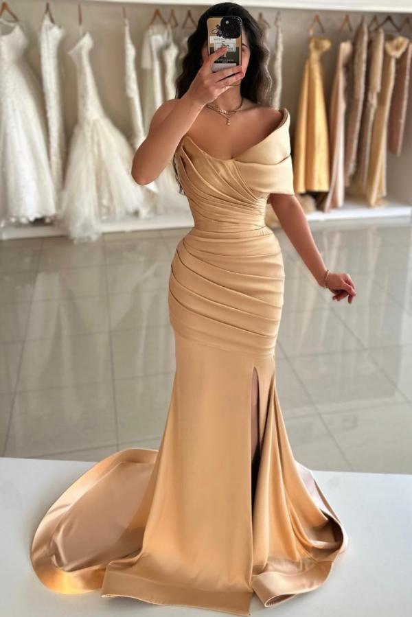 Chic Mermaid Gold Strapless One-Shoulder Sleeveless Front Split Long Simple Satin Evening Dresses with Ruffles