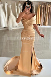 Chic Mermaid Gold Strapless One-Shoulder Sleeveless Front Split Long Simple Satin Evening Dresses with Ruffles