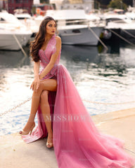 Chic Mermaid Strapless Sleeveless Sequined Panel Train Long Tulle Prom Dresses With Silt