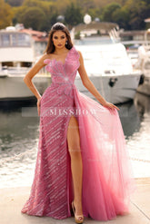 Chic Mermaid Strapless Sleeveless Sequined Panel Train Long Tulle Prom Dresses With Silt