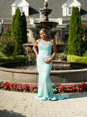 Chic Mint Green Strapless Sleeveless Mermaid Sequined Prom Dress with Rhinestones and Beadings