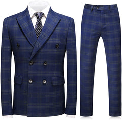Chic Navy Blue Double Breasted Checkered Men's Business Suit