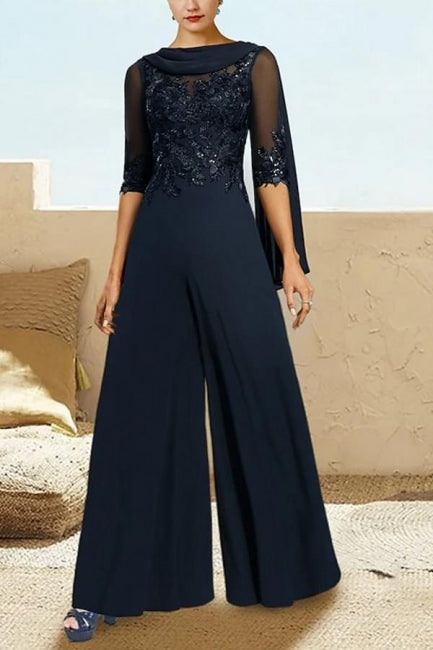 Chic Navy Blue Jumpsuit Pantsuits Half Sleeves Chiffon Evening Dresses With Appliques
