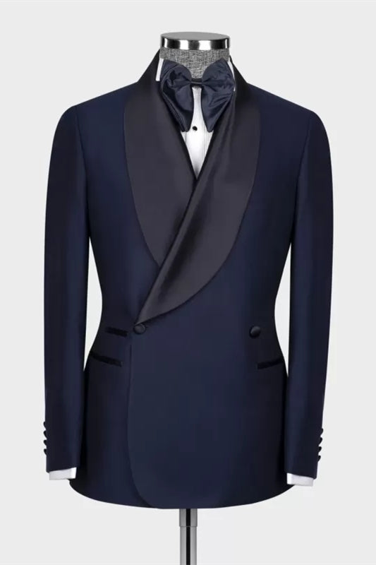 Chic Navy Blue Shawl Lapel Double Breasted Wedding Suit