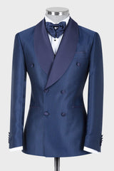 Chic Navy Double-Breasted Two-Piece Shawl Collar Wedding Suit
