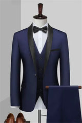 Chic Navy Three-Piece Shawl Collar Wedding Ensemble for Gentlemen