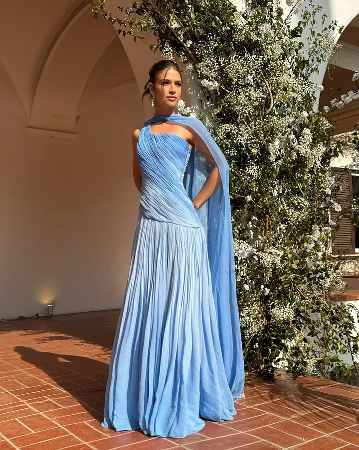 Chic One Shoulder Sleeveless Long Formal Dress With Pleated Shawl