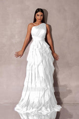 Chic One Shoulder Sleeveless Long Formal Dress With Tulle Ruffle