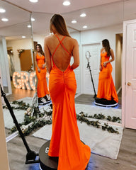 Chic Orange Criss-Cross Straps Sleeveless Mermaid Prom Dress with Sweep Train