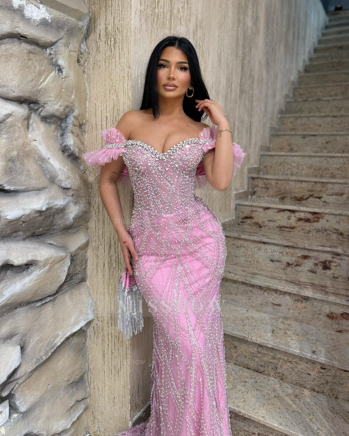 Chic Pink Mermaid Sweetheart Off-The-Shoulder Sleeveless Beaded Long Prom Dress With Rhinestones