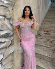 Chic Pink Mermaid Sweetheart Off-The-Shoulder Sleeveless Beaded Long Prom Dress With Rhinestones
