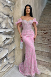 Chic Pink Mermaid Sweetheart Off-The-Shoulder Sleeveless Beaded Long Prom Dress With Rhinestones