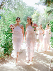 Chic Pink V-Neck Spaghetti Straps Sleeveless Tea-Length Tulle Cake Bridesmaid Dresses With Slit