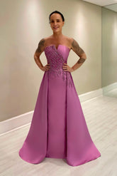 Chic Purple A-Line Strapless Beaded Sleeveless Floor-Length Satin Mother of the Bride Dress With Appliques