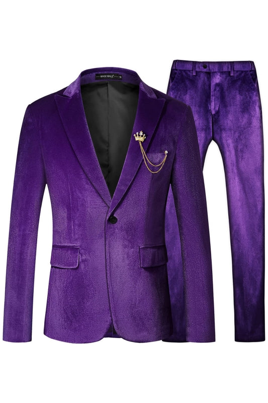 Chic Purple Peaked Lapel Velvet Prom Suit for Men