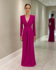 Chic Purple V-Neck Long Sleeves Ruffles Long Satin Mother of the Bride Dress Wedding Guests Dress With Slit