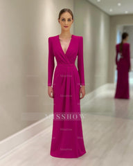 Chic Purple V-Neck Long Sleeves Ruffles Long Satin Mother of the Bride Dress Wedding Guests Dress With Slit