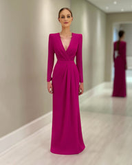 Chic Purple V-Neck Long Sleeves Ruffles Long Satin Mother of the Bride Dress Wedding Guests Dress With Slit