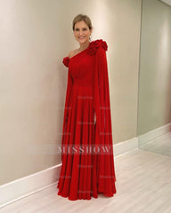 Chic Red A-Line One-Shoulder Cap Sleeves Ruffles Long Chiffon Mother of the Bride Dress With 3D Flowers