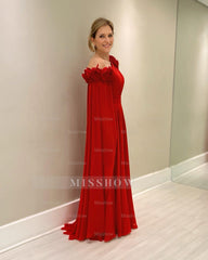 Chic Red A-Line One-Shoulder Cap Sleeves Ruffles Long Chiffon Mother of the Bride Dress With 3D Flowers