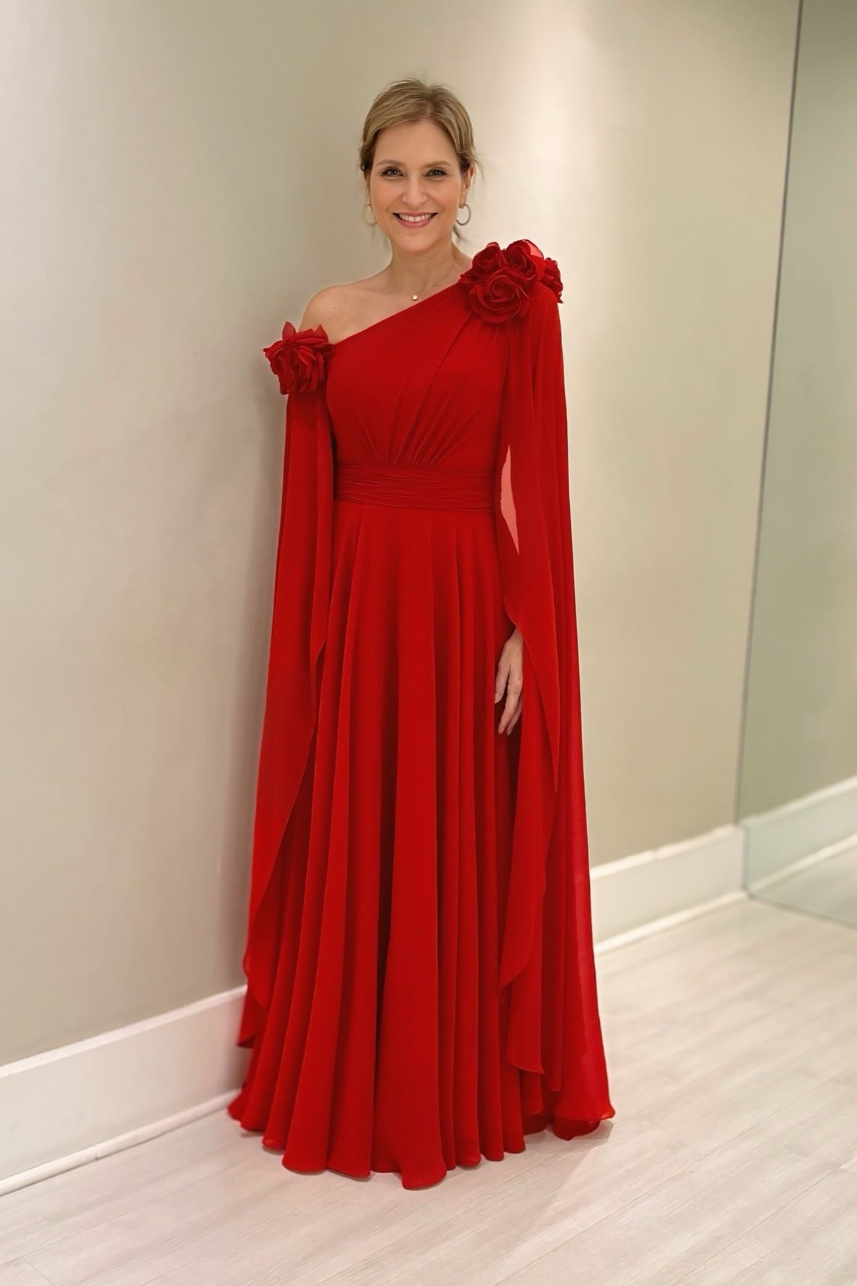 Chic Red A-Line One-Shoulder Cap Sleeves Ruffles Long Chiffon Mother of the Bride Dress With 3D Flowers
