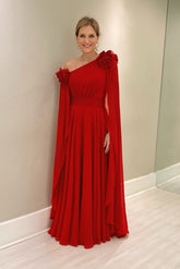 Chic Red A-Line One-Shoulder Cap Sleeves Ruffles Long Chiffon Mother of the Bride Dress With 3D Flowers