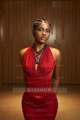 Chic Red Halter Sleeveless Mermaid Long Formal Dress With Pleated