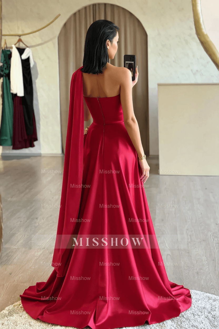Chic Red Strapless A-Line Sleeveless Floor-Length Satin Simple Prom Dresses With Sash