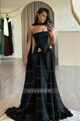 Chic Red Strapless A-Line Sleeveless Floor-Length Satin Simple Prom Dresses With Sash