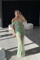 Chic Sage Off-The-Shoulder Sleeveless Sequined Mermaid Evening Dress with Front Split