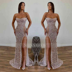 Chic Sequined Floor Length Strapless A-line Prom Dress with Front Slit