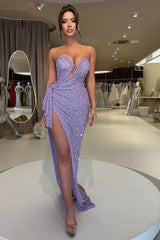 Chic Sequins Sweetheart Sleeveless Pleated Long Formal Dress With High Split