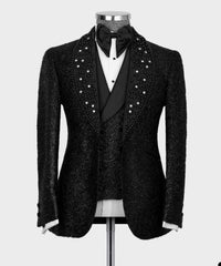Chic Shiny Black Beaded Shawl Lapel Three-Piece Prom Suit for Men
