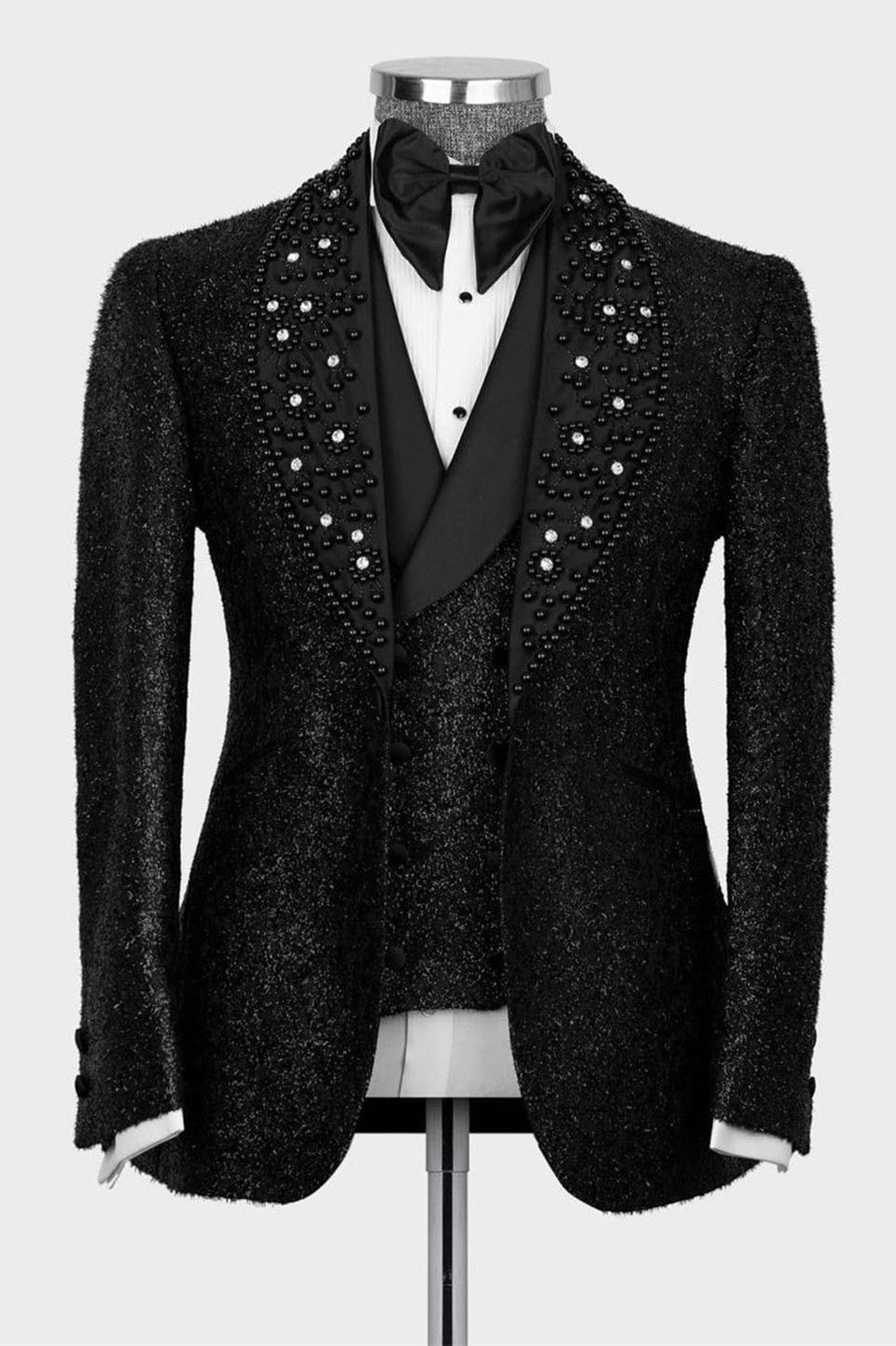 Chic Shiny Black Beaded Shawl Lapel Three-Piece Prom Suit for Men