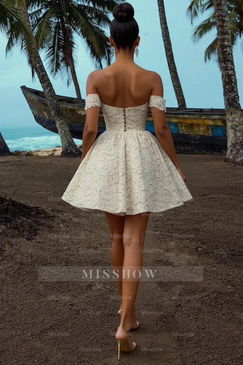 Chic Short A-line V-neck Ivory Lace Wedding Dress With Detachable Sleeves