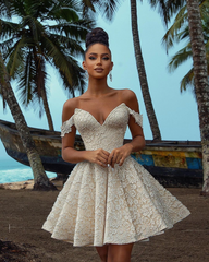 Chic Short A-line V-neck Ivory Lace Wedding Dress With Detachable Sleeves