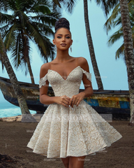 Chic Short A-line V-neck Ivory Lace Wedding Dress With Detachable Sleeves