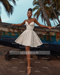 Chic Short A-line V-neck Ivory Lace Wedding Dress With Detachable Sleeves