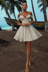 Chic Short A-line V-neck Ivory Lace Wedding Dress With Detachable Sleeves