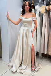 Chic Silver A-Line Strapless Off-The-Shoulder Sleeveless Long Simple Satin Evening Dresses With Slit