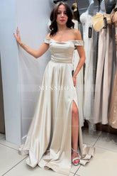 Chic Silver A-Line Strapless Off-The-Shoulder Sleeveless Long Simple Satin Evening Dresses With Slit
