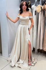Chic Silver A-Line Strapless Off-The-Shoulder Sleeveless Long Simple Satin Evening Dresses With Slit