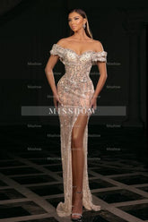 Chic Silver Column Sweetheart Off-The-Shoulder Sleeveless Beaded Split Front Long Tulle Evening Dresses With Rhinestones