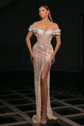 Chic Silver Column Sweetheart Off-The-Shoulder Sleeveless Beaded Split Front Long Tulle Evening Dresses With Rhinestones