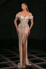 Chic Silver Column Sweetheart Off-The-Shoulder Sleeveless Beaded Split Front Long Tulle Evening Dresses With Rhinestones