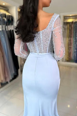 Chic Sky Blue Mermaid Scoop Beaded Long Sleeves Split Front Satin Prom Evening Dresses With Sequins